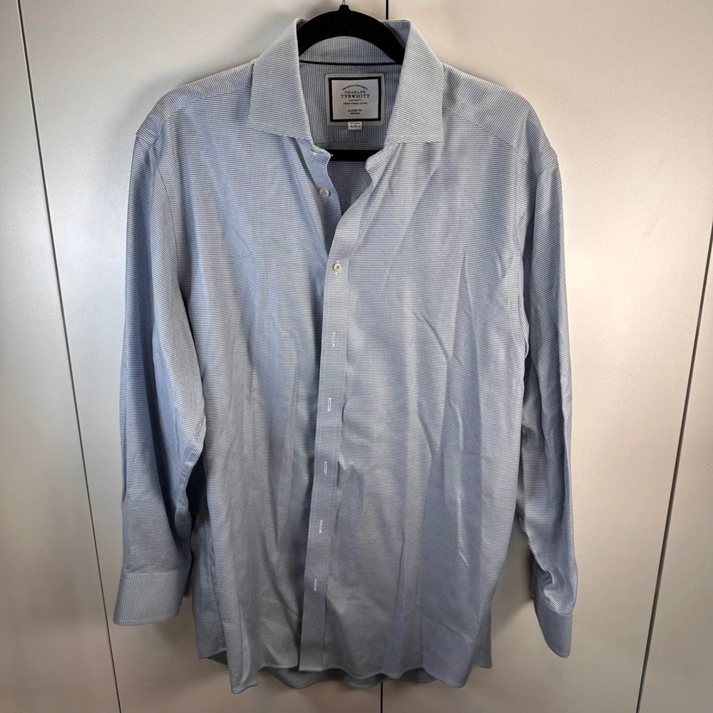 Charles Tyrwhitt Non-Iron Slim Fit Dress Shirt Blue Check Men's Size 16.5 X 33‎